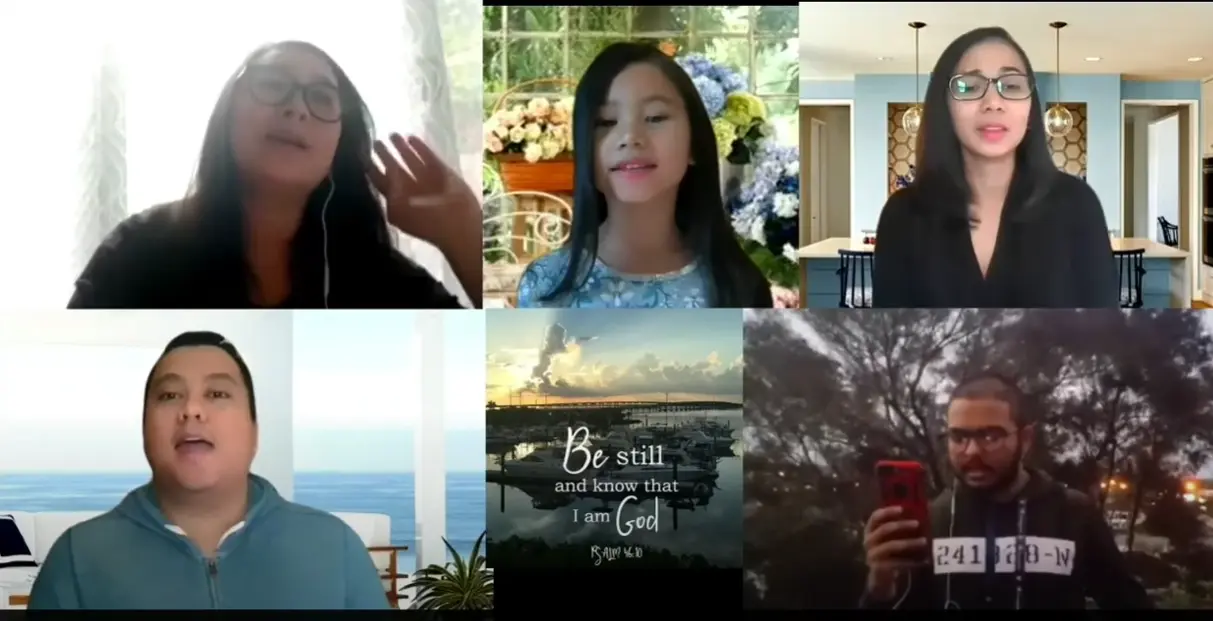 A screenshot of five people singing in Glenfield Baptist Church's online services during lockdown.